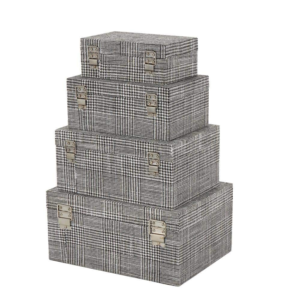 Handmade Black and White Fabric Storage Boxes with Silver Latches, Set of 4