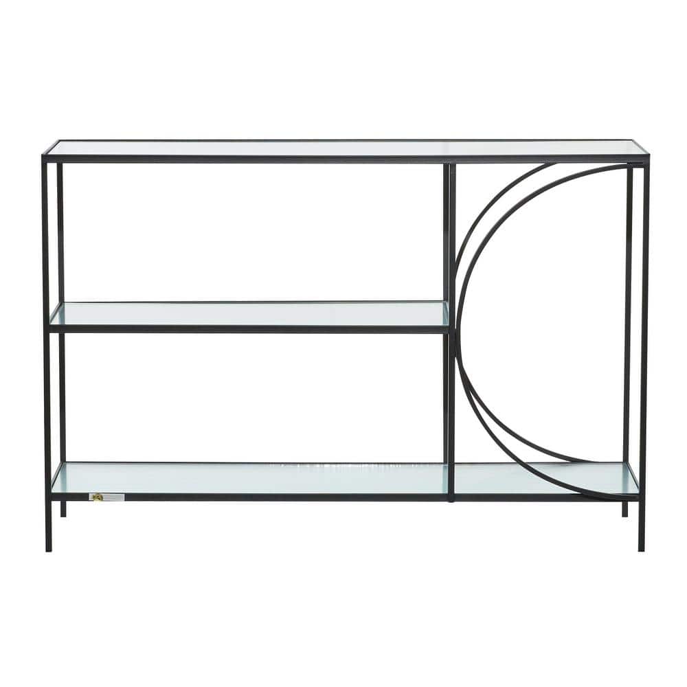 Black Metal and Glass Industrial Console Table with Storage Shelves
