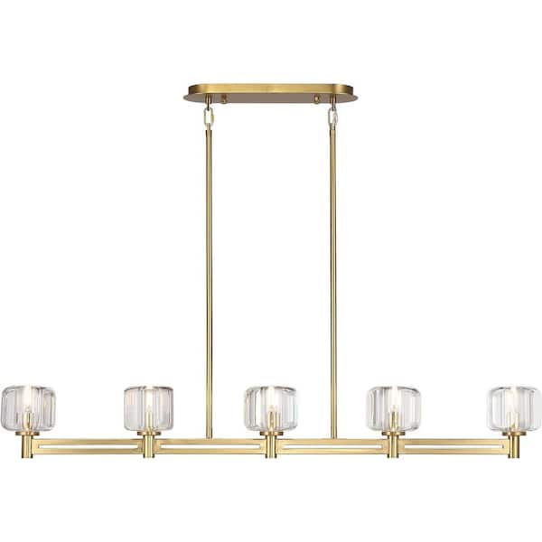54 in. 5-Light Gold Farmhouse Linear Chandelier with Crystal Lampshade for Dining Room, Living Room and Kitchen Island