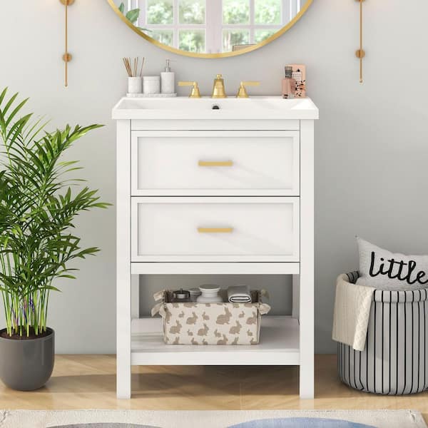 Ziyudura 24 in. Single Sink Freestanding White Bath Vanity with White Resin Top, Textured Hardware, Diverse Storage Functions