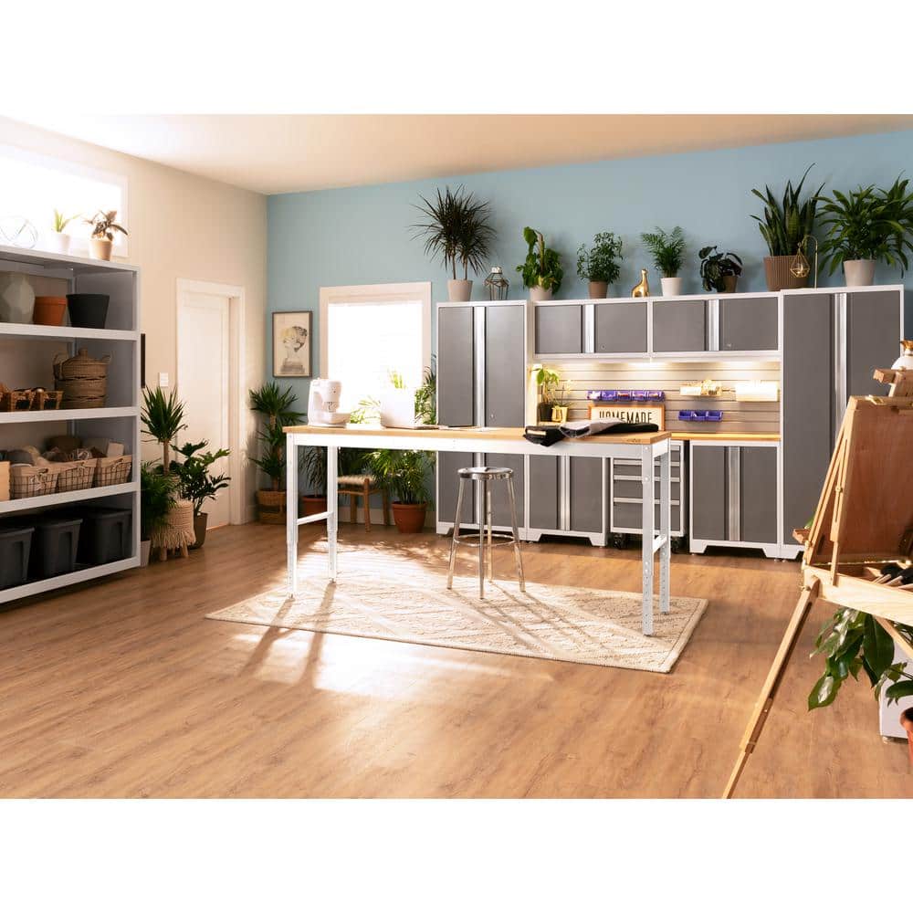 Adjustable Height Gray and White Steel Workbench with Stainless Steel Top