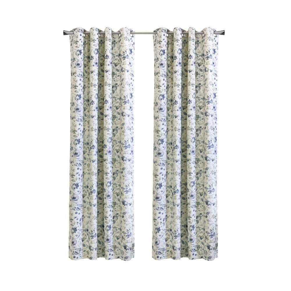 Flora Silver and Blue Polyester Blackout Grommet Curtain Panel 52" x 84"