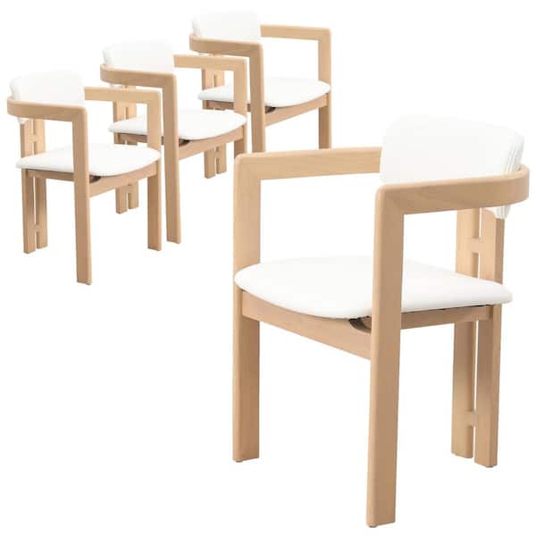 Upholstered Dining Chair in Leather with Oopen Back and Wood Legs Set of 4 Velo Collection (Natural/White)