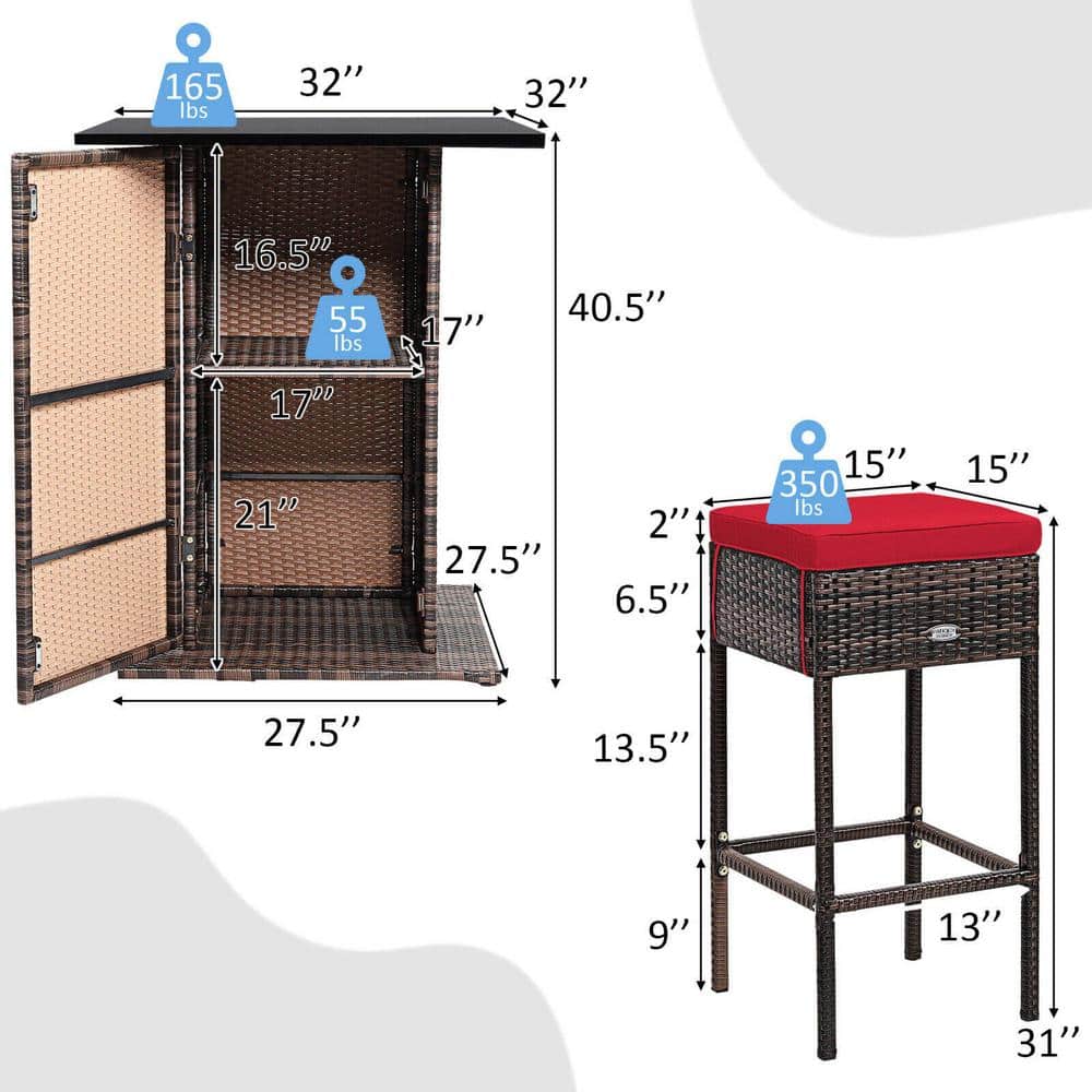 Red Cushioned 5-Piece Brown Wicker Outdoor Bar Set with Storage