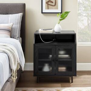 Graphite Wood and Fluted Glass 2-Door Nightstand with Mountable USB Port