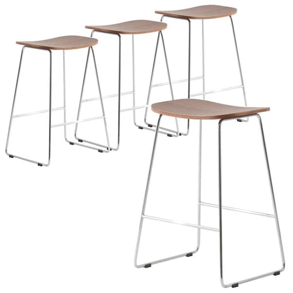 Leisuremod Melrose 26 in. Modern Wood Bar Stool with Chrome Metal Base and Footrest Set of 4 In Walnut