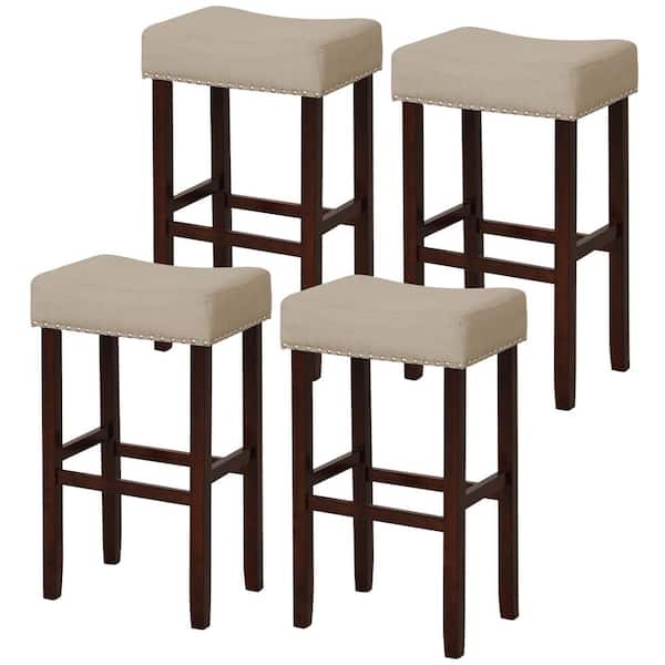 Gymax 29.5 in. Beige Set of 4 Bar Stools Bar Height Saddle Kitchen Chairs with Wooden Legs
