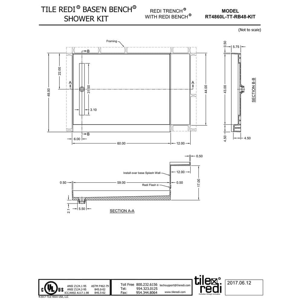 Tileable 72"x48" Left Drain Alcove Shower Base with Integrated Bench