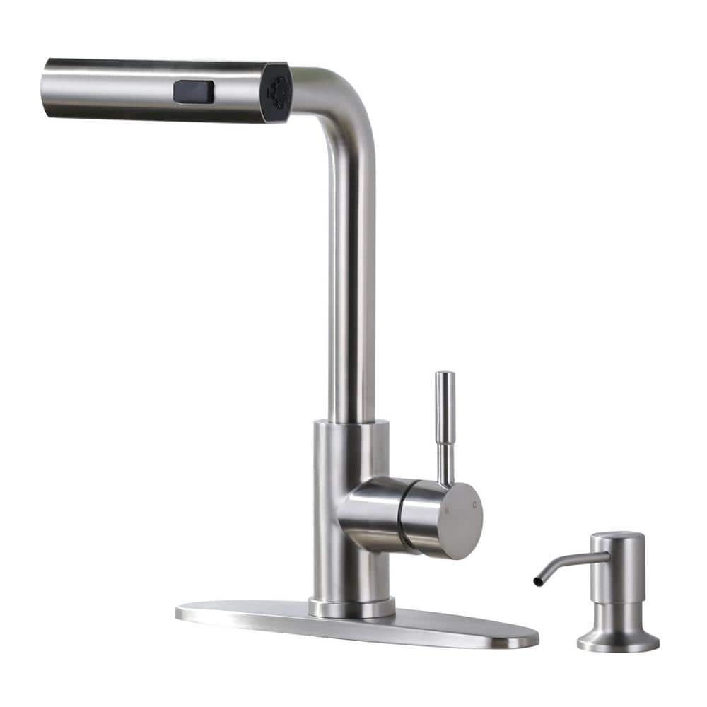 WOWOW 3 Modes Single Handle Waterfall Pull Down Sprayer Kitchen Faucet with Soap Dispenser in Brushed Nickel