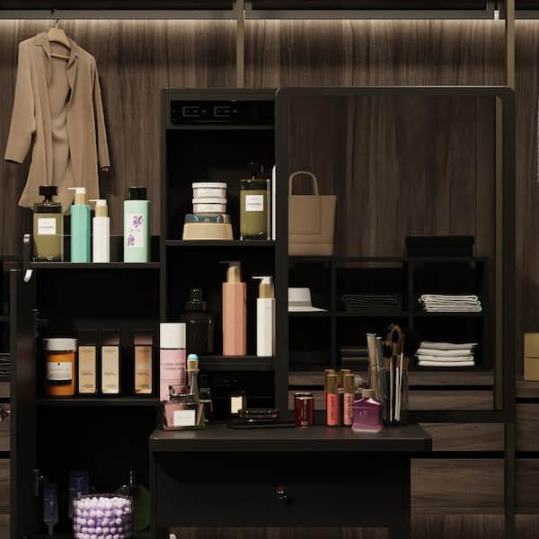 Veanerwood Makeup Vanity Table Set with Shelves & Cabinet & Drawers, Cushioned Stool Set, Black, Size: Large