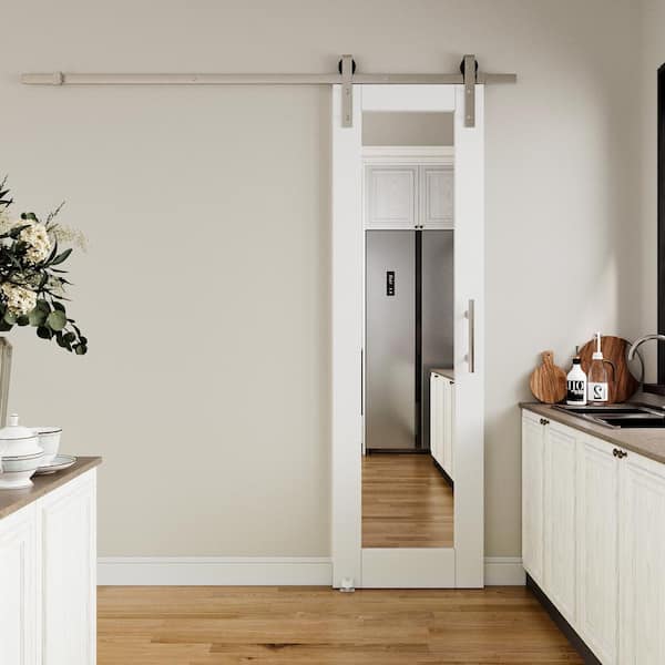 24 in. x 80 in. 1-Lite Mirrored Glass White Primed MDF Sliding Barn Door with Hardware Kit Nickel Plated