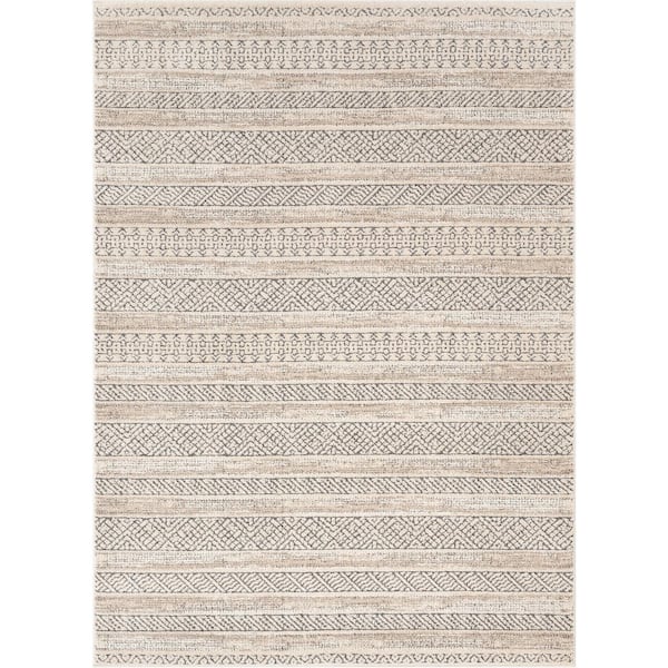 Malaga Fresco Tribal Geometric Beige 7 ft. 10 in. x 10 ft. 6 in. Distressed High-Low Area Rug