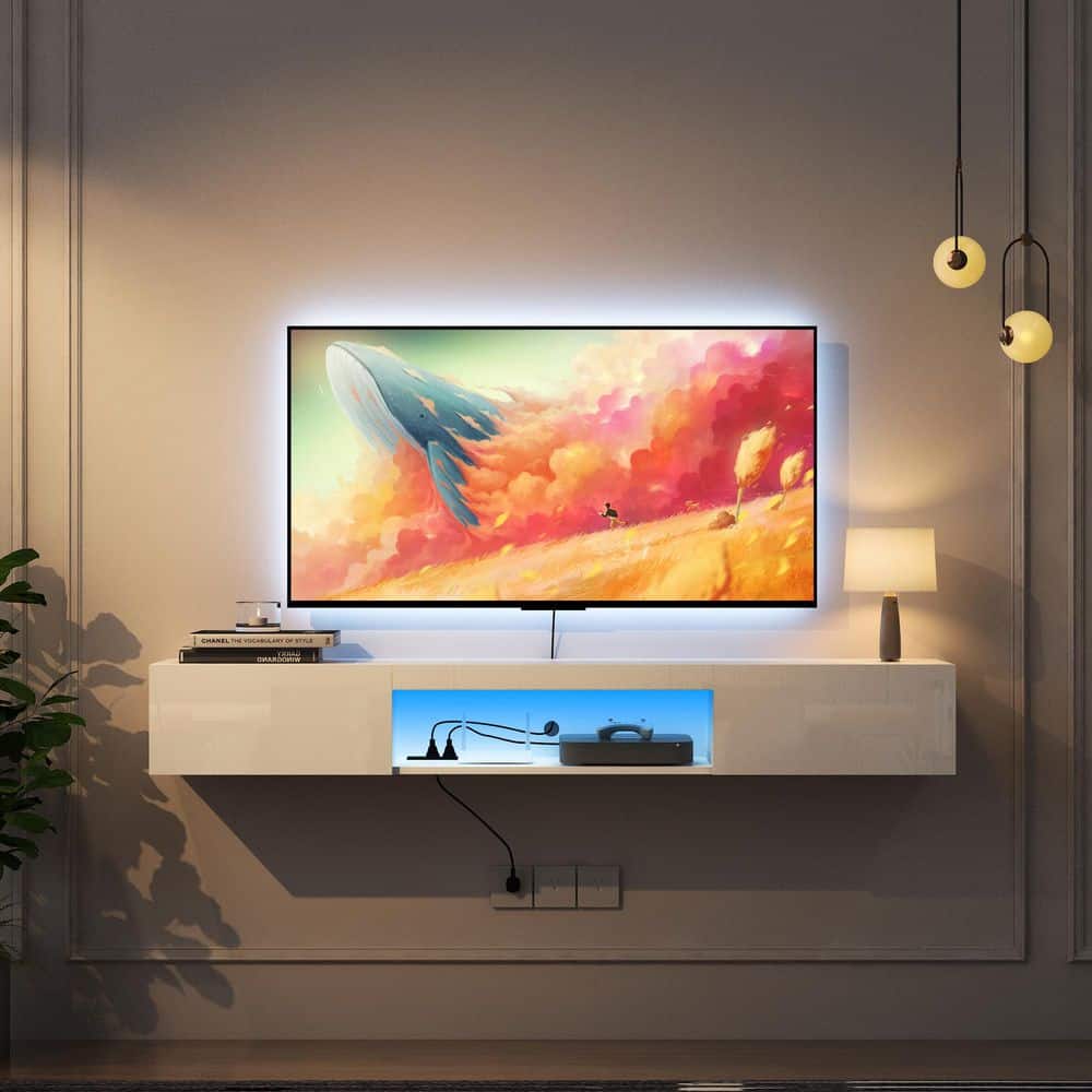 GOGEXX 63 in. W White Floating Wall Mounted TV Stand Fits TV's up to 65 ... - Eng Whites Floating Wall Lights