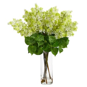 24 in. Green Artificial Lilac Floral Arrangement with Cylinder Glass Vase