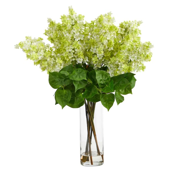 Nearly Natural 24 in. Green Artificial Lilac Floral Arrangement with Cylinder Glass Vase
