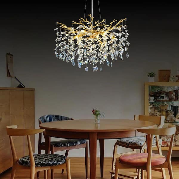 10-Lights 30 in. Dimmable Tree Branch Shape Gold Crystal Linear Chandeliers Living Room, High Ceiling, Foyer, Entryway