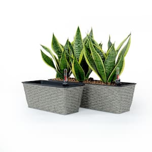 Gray Hand Woven Wicker and Plastic Smart Self-Watering Rectangle Planter for Indoor and Outdoor (2-Pack)