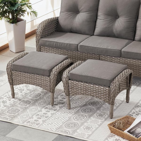 PlainCurve Metal and Gray Wicker Outdoor Ottoman with Olefin Gray Cushion (2-Pack)