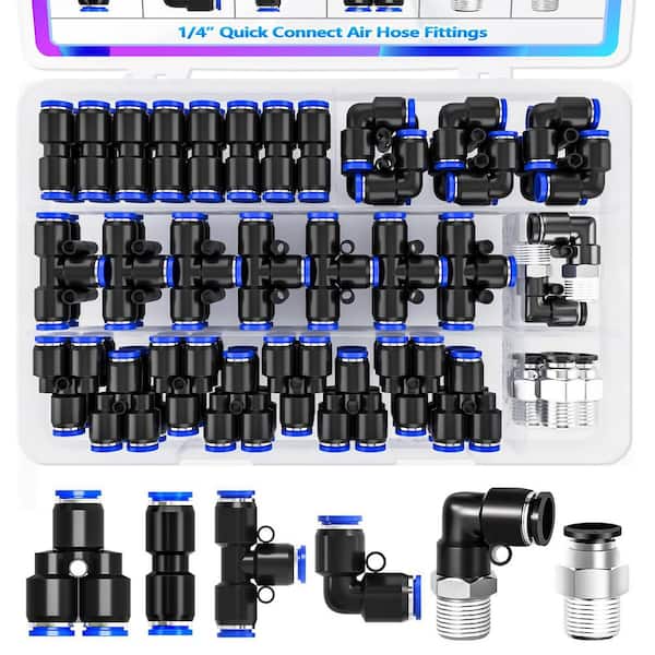 1/4 in. OD Pneumatic Quick Connect Splitter Elbow and Tee Air Hose Fittings Assortment Blue (34-Pack)