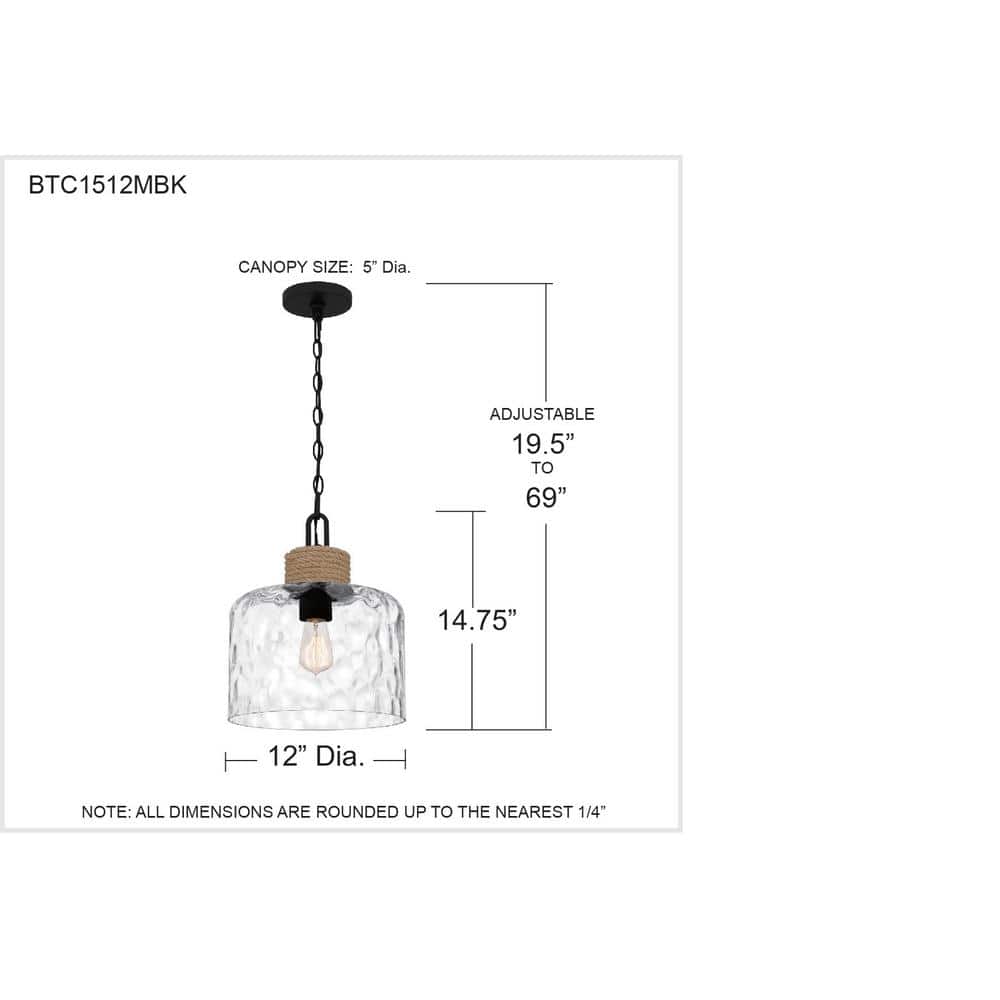 Matte Black Glass Mini Pendant Light with Rope Detail