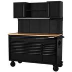 56 in. W x 27.6 in. D 10-Drawer Matte Black Heavy-Duty Mobile Workbench with Pegboard and Top Cabinets