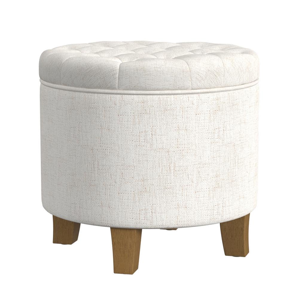 Cream Tufted Round Storage Ottoman with Wooden Legs