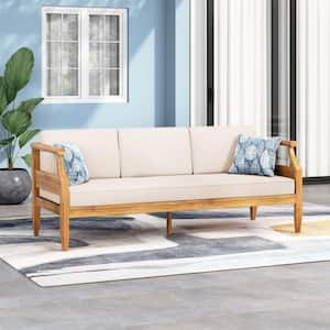 Sloane Natural Acacia Wood Outdoor Couch Patio 3-Seat Sofa with Cream Cushions