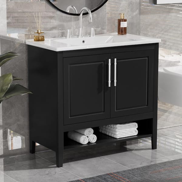 Staykiwi 36 in. W x 18 in. D x 33 in. H Single Sink Freestanding Bath Vanity in Black with White Ceramic Top