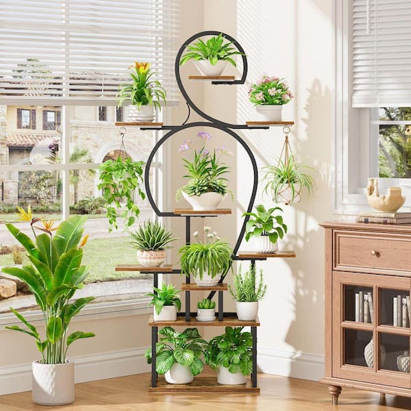 CSC DECOR INC 63 in. H Walnut S-shaped MDF Indoor Plant Stand with 4 Grow  Lights 9-Tiered Tall Plant Shelf 10-Level Stepless Dimming W3101XS-P314624  - The Home Depot