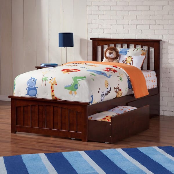 AFI Mission Walnut Twin XL Solid Wood Storage Platform Bed with Matching Foot Board with 2 Bed Drawers