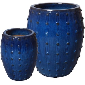 18, 26 in. H Blue Ceramic Rnd Stud Pots, S/2
