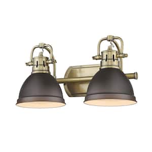 Duncan 16.5 in. 2-Light Aged Brass Vanity Light with Rubbed Bronze Shades