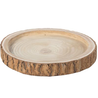 14 Dia in. Beige/ Cream Wood Tree Bark Indented Display Tray Serving Plate Platter Charger