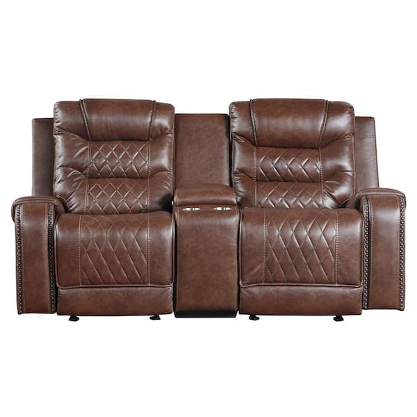 Bergen 77.5 in. W Brown Faux Leather Double Glider Manual Reclining Loveseat w/ Center Console, Receptacles and USB Port