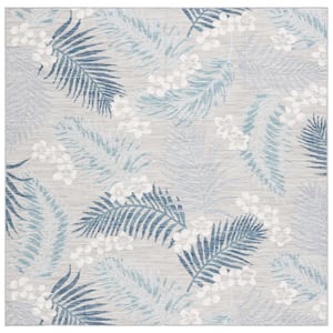 Sunrise Gray/Blue Ivory 7 ft. x 7 ft. Oversized Tropical Reversible Indoor/Outdoor Square Area Rug