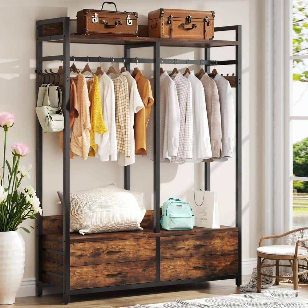 Carmalita Brown Wood 47.24 in. Armoire with 4 Drawers and 8 Hooks, Freestanding Clothing Rack for Bedroom Living Room - thumbnail 8