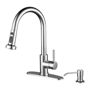 Single Handle Pull-Down Sprayer Kitchen Faucet Set Stainless Steel with Soap Dispenser in Chrome