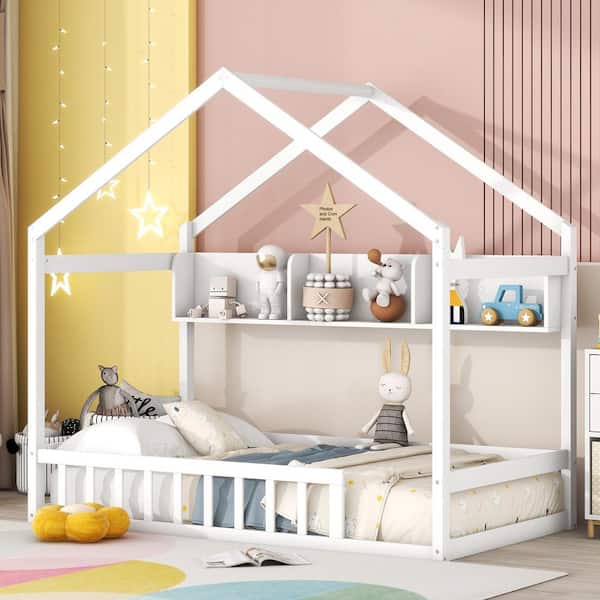 Harper & Bright Designs White Twin Size Wood House Bed with Fence, Roof and Storage Shelf