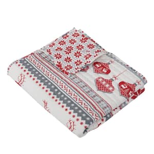 Silent Night Grey Red White Reindeer Snowflake Christmas Quilted Cotton Throw Blanket