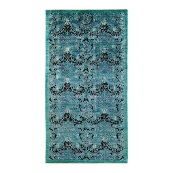 Arts and Crafts 6 ft. x 12 ft. Green Floral Wool Indoor Runner Rug
