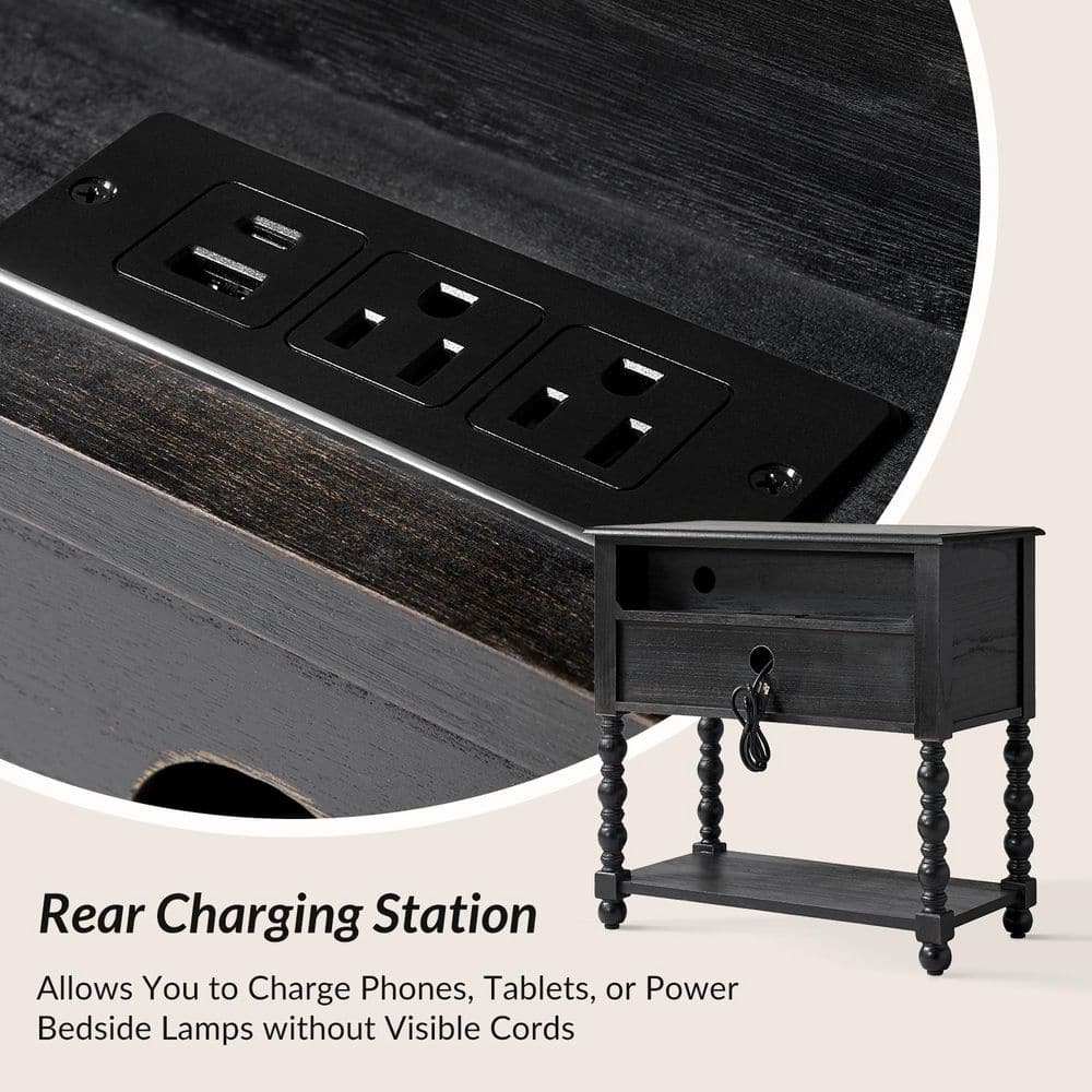 June 30 in. Blue Square Wood End Table with Built-in Charging Outlets - thumbnail 3
