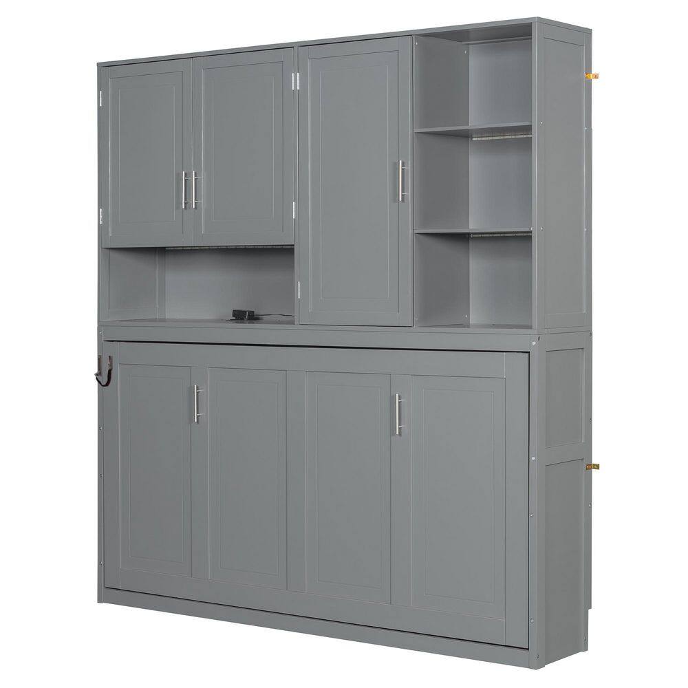 White Wood Frame Twin Size Murphy Bed with Top Cabinet, Shelves, Space Saving Foldable Bed with Light & USB - thumbnail 6