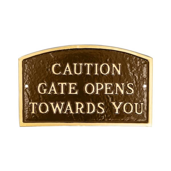 Montague Metal Products 13 in. x 21 in. Large Arch Caution Gate Opens Towards You Statement Plaque Sign - Oil Rubbed/Gold