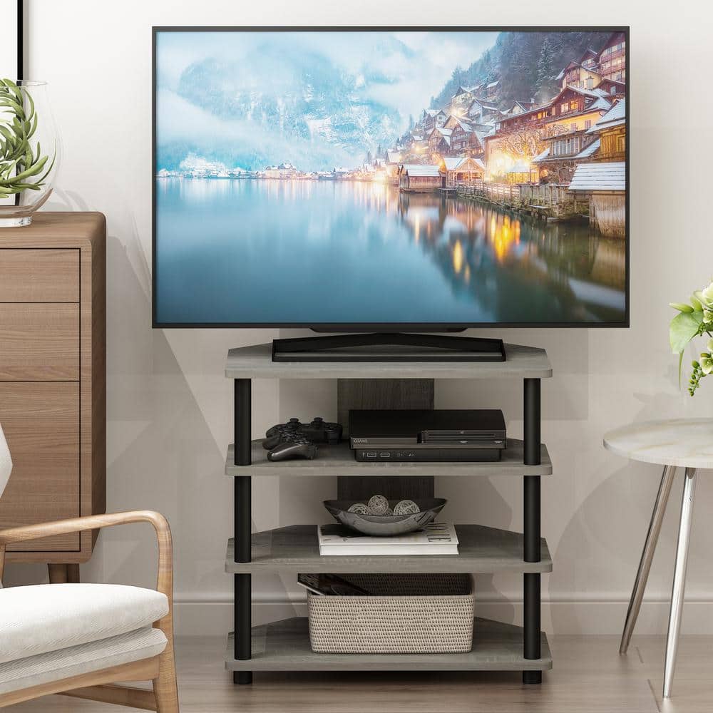French Oak Grey and Black 4-Tier TV Stand with PVC Tubes