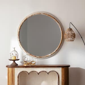 36 in. W x 36 in. H Round Beaded Framed Floating Wall Bathroom Vanity Mirror in Antique White