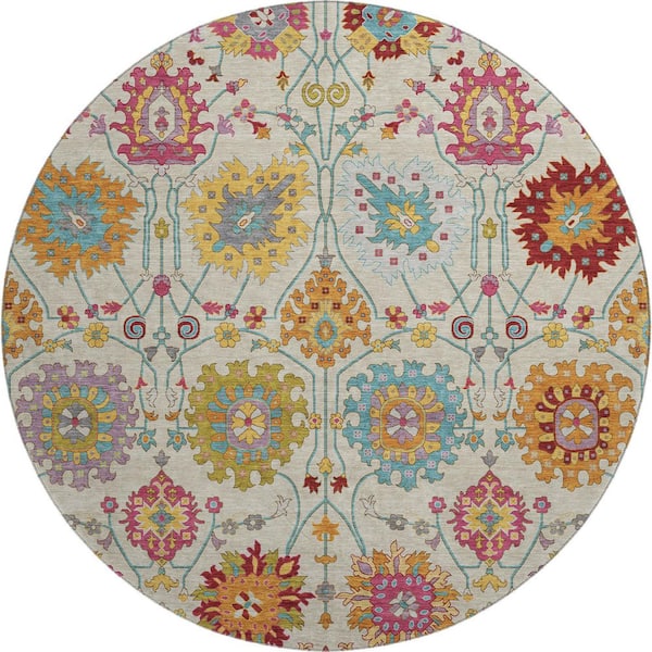 Mayfield Premium Machine Washable Abstract AMF2288 Linen 8 ft. x 8 ft. Round Rug