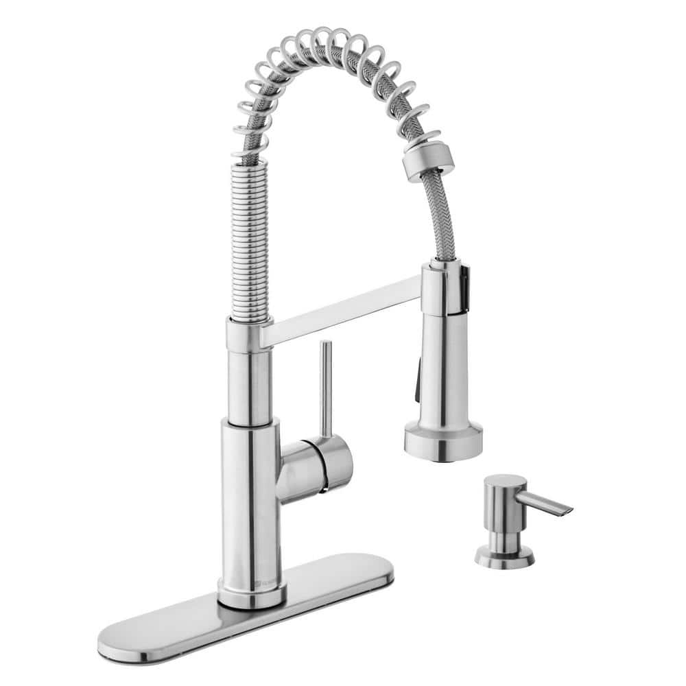 Glacier Bay Gage Single-Handle Spring Neck Pull-Down Kitchen Faucet with TurboSpray, FastMount, Soap Dispenser in Stainless Steel, Silver
