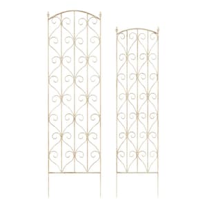 57 in. and 52 in. Garden Trellis with Decorative Scrolls Metal Panels for Climbing Plants in White (Set of 2)
