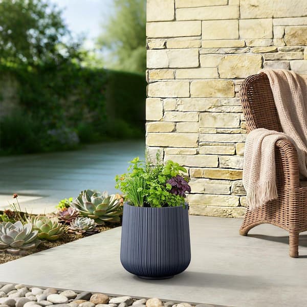 DurX-litecrete 12 in. Medium Navy Blue(Upgraded Interior) Concrete Tall  Round Planter Pot Modern Fluted Plant Pot with Drainage Holes XRC314A-C01-N  - The Home Depot