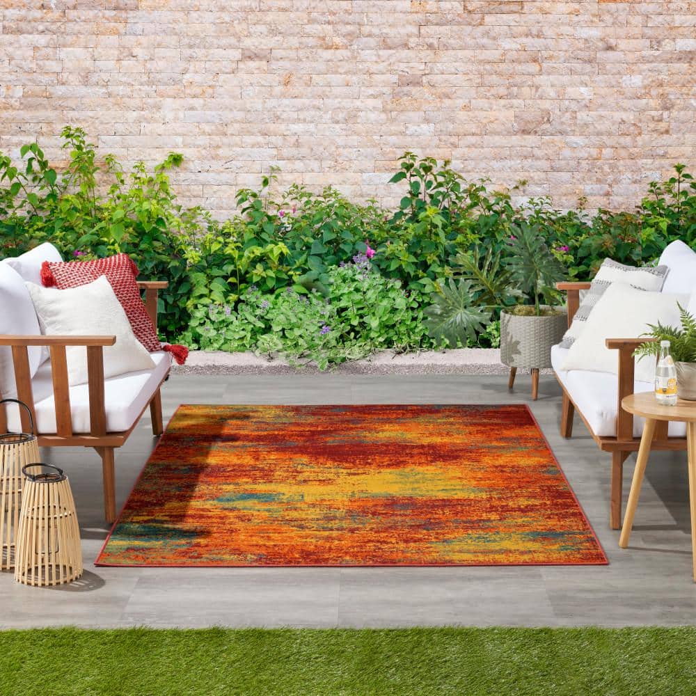 Flame Red and Yellow Synthetic 4' x 6' Area Rug